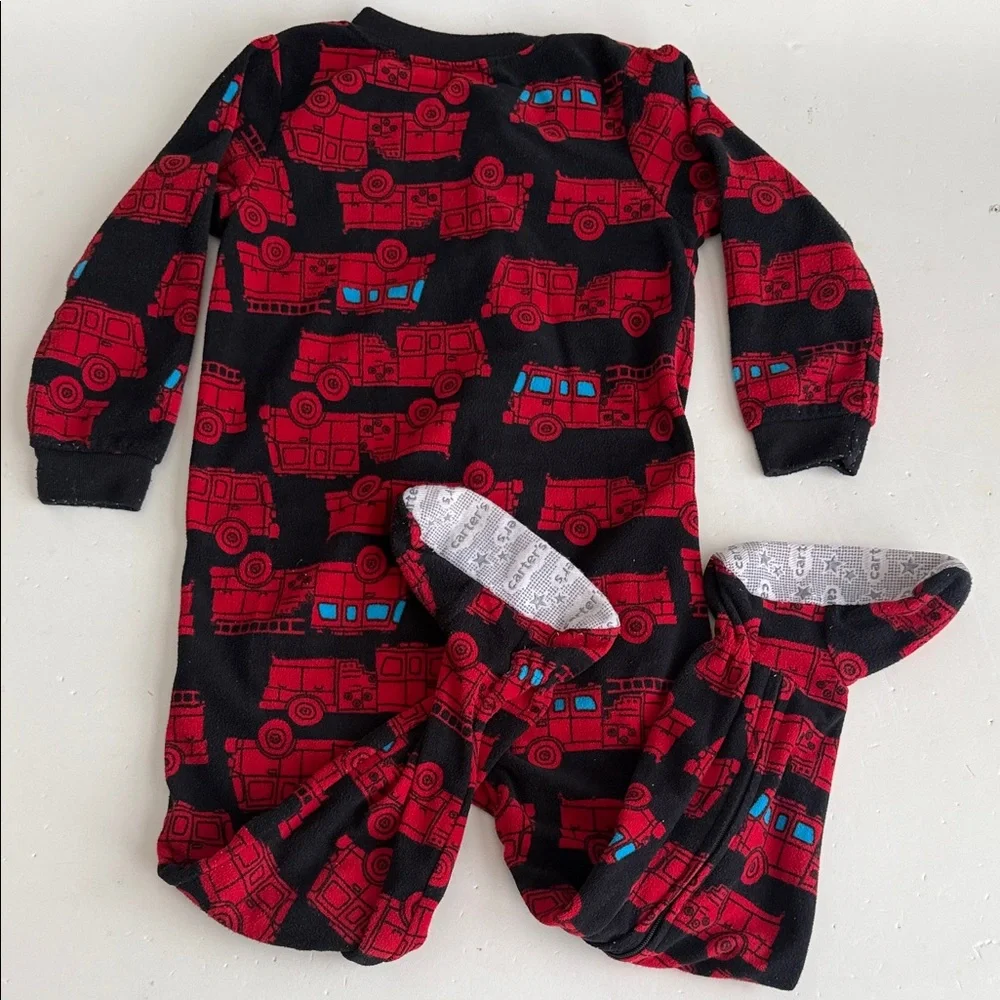 Carter’s Boys 4T Red and Black Fire Truck Fleece  Zip up Footed Pajamas